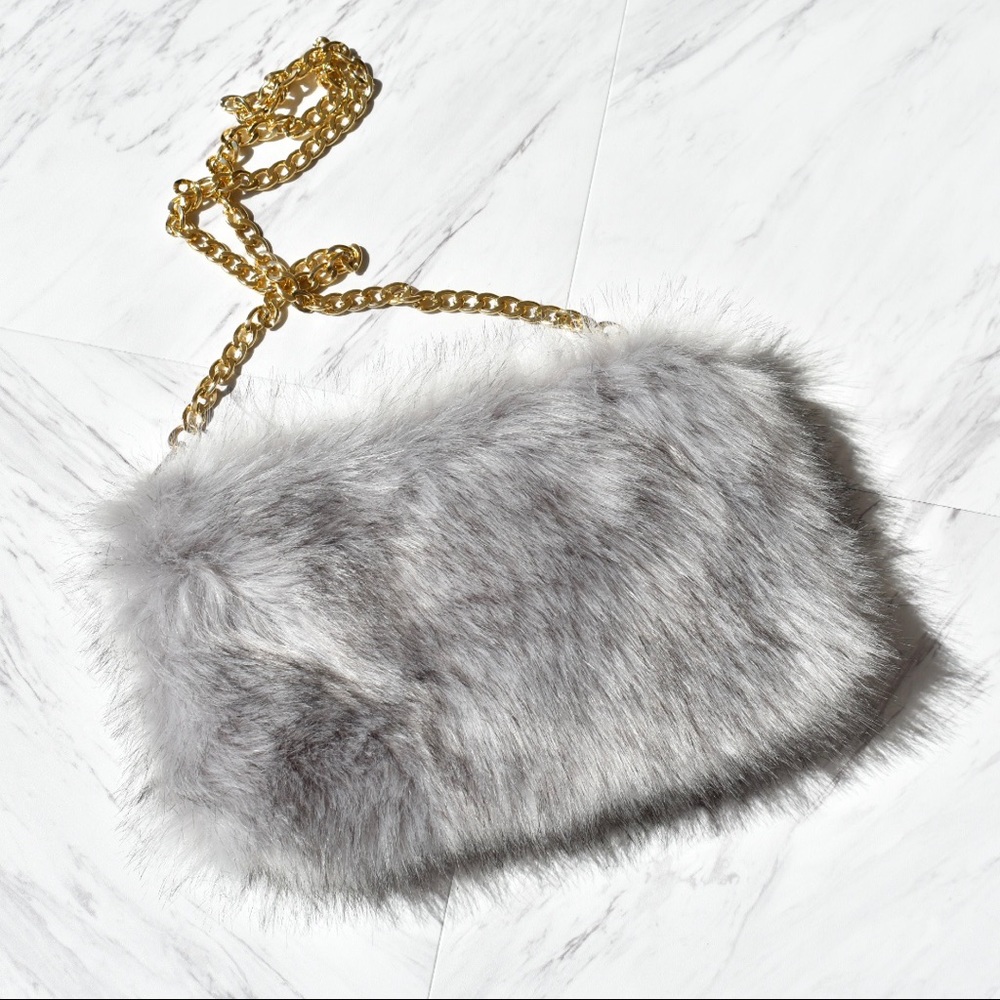 Faux fur purse grey & white with gold chain strap